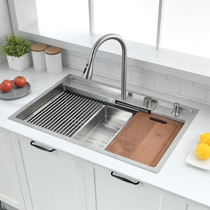 33 Inch Waterfall Drop In Kitchen Sink with Faucet Combo Workstation - VOKIM 33x22-Inch Drop In Sink Stainless Steel 16 Gauge Single Bowl Kitchen Sinks with Cutting Board