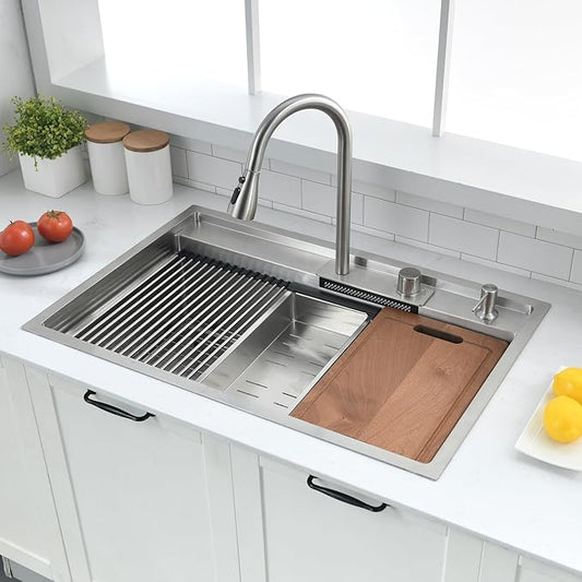 33 Inch Waterfall Drop In Kitchen Sink with Faucet Combo Workstation - VOKIM 33x22-Inch Drop In Sink Stainless Steel 16 Gauge Single Bowl Kitchen Sinks with Cutting Board
