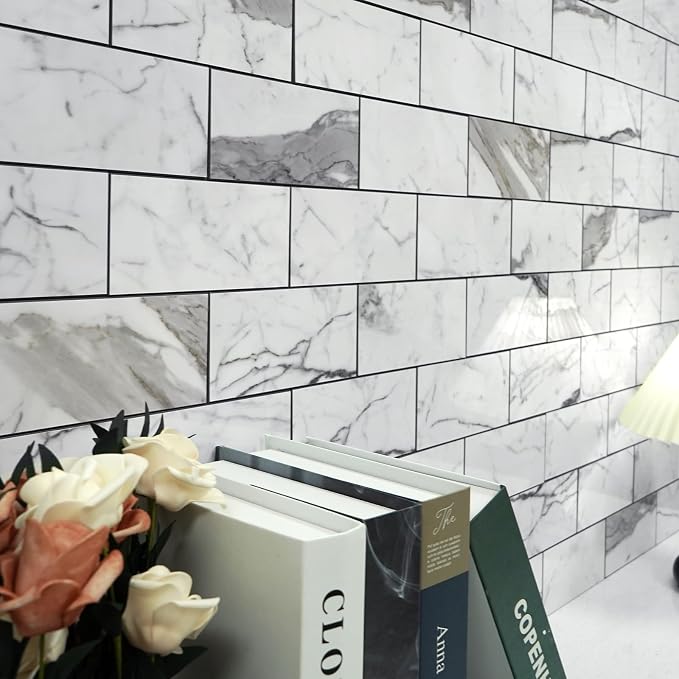 Vamos Tile 100-Piece Glossy Statury White Peel and Stick Backsplash Tile,3''x6'' PVC Subway Tile with Dark Gray Grout, Stick on Backsplash for Kitchen/Bathroom/Fireplace