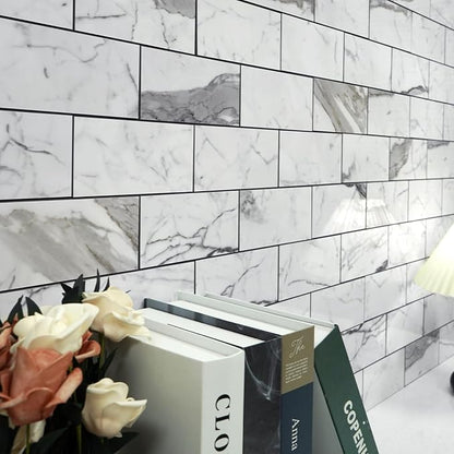 Vamos Tile 100-Piece Glossy Statury White Peel and Stick Backsplash Tile,3''x6'' PVC Subway Tile with Dark Gray Grout, Stick on Backsplash for Kitchen/Bathroom/Fireplace