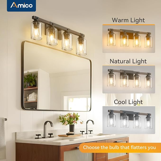 Amico 4-Light Farmhouse Bathroom Vanity Light, Seeded Glass, Black & Wood | Bubble Glass Shade Wall Sconce, Over Mirror Lighting for Bathroom, Bedroom, Living Room, Hallway, Powder Room, Entryway