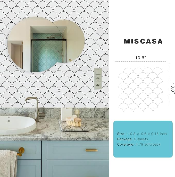 6 Sheets White Peel and Stick Backsplash Tile, Fish Scale Wall Tiles Stick on Backsplash for Kitchen Bathroom