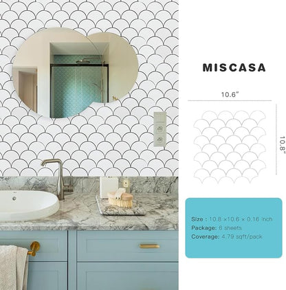 6 Sheets White Peel and Stick Backsplash Tile, Fish Scale Wall Tiles Stick on Backsplash for Kitchen Bathroom