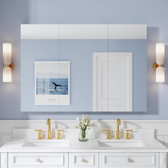 52" x 36" Bathroom Medicine Cabinet with Mirror, Anodized Chrome Aluminum Frame, Surface Mount or Recessed Medicine Cabinet with Mirror, Bathroom Mirror with Storage, Three Doors