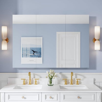 52" x 36" Bathroom Medicine Cabinet with Mirror, Anodized Chrome Aluminum Frame, Surface Mount or Recessed Medicine Cabinet with Mirror, Bathroom Mirror with Storage, Three Doors