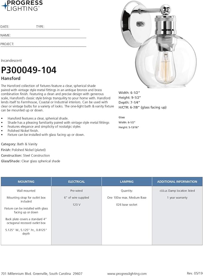 Progress Lighting Hansford Collection 1-Light Clear Glass Coastal Bath Vanity Light Polished Nickel