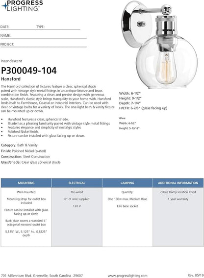 Progress Lighting Hansford Collection 1-Light Clear Glass Coastal Bath Vanity Light Polished Nickel