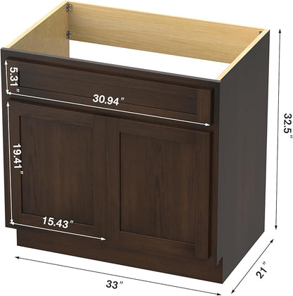 HomeBeyond 33 Inch Bathroom Vanity Base Only, Single Vanity Cabinet with Double Soft Closing Door, Composable Floor Mount Cabinets Without Top, Rustic Brown