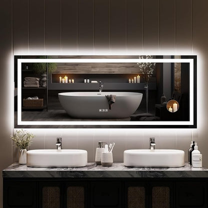 LED Bathroom Mirror 60 x 24 inch, Lighted Bathroom Vanity Mirror with Front Light and Backlit LED, Frameless Wall Mounted Bathroom Mirror with Adjustable Color Temperature