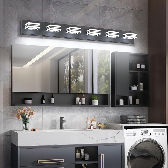 SOLFART Modern LED Dimmable Bathroom Light Fixtures Over Mirror Led Vanity Lights Modern Black LED 6 Light Vanity Light
