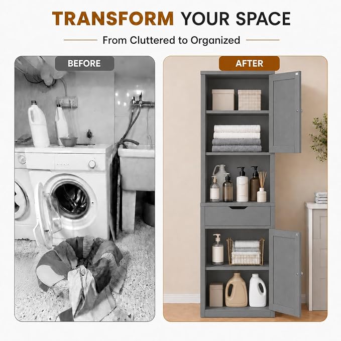 Walsunny Tall Bathroom Storage Cabinet with 6 Adjustable Shelves, Gray | Anti-Tip Safety, Waterproof MDF, 2 Doors + 1 Drawer, Easy Assembly, for Bathroom/Living Room/Kitchen