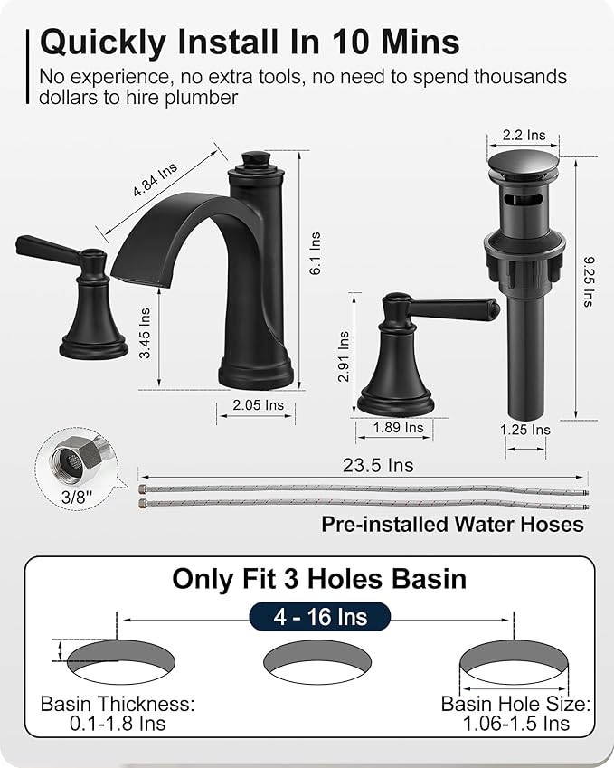 Matte Black Bathroom Faucet 3 Hole, Brass Bathroom Waterfall Faucet, 4-16 Inch Bathroom Sink Faucets, 2 Handle Widespread Faucet for Bathroom Sink with Water Supply Hoses, Pop-Up Drain