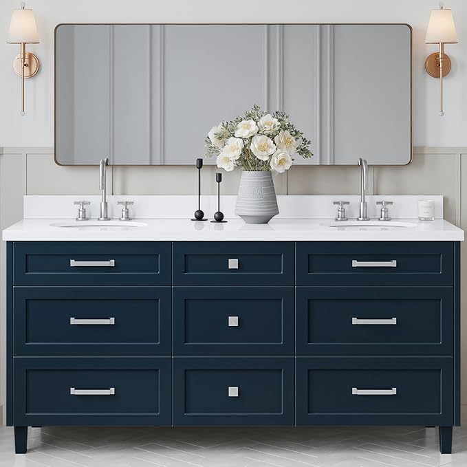 ARIEL Monroe 72-inch Bathroom Vanity with Sink,Solid Wood, 1.5-inch Pure White Quartz Countertop & Backsplash, Double Rectangular Porcelain Sink, 9 Dovetail Drawers, Brushed Nickel, Midnight Blue