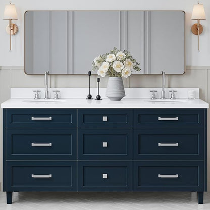 ARIEL Monroe 72-inch Bathroom Vanity with Sink,Solid Wood, 1.5-inch Pure White Quartz Countertop & Backsplash, Double Rectangular Porcelain Sink, 9 Dovetail Drawers, Brushed Nickel, Midnight Blue