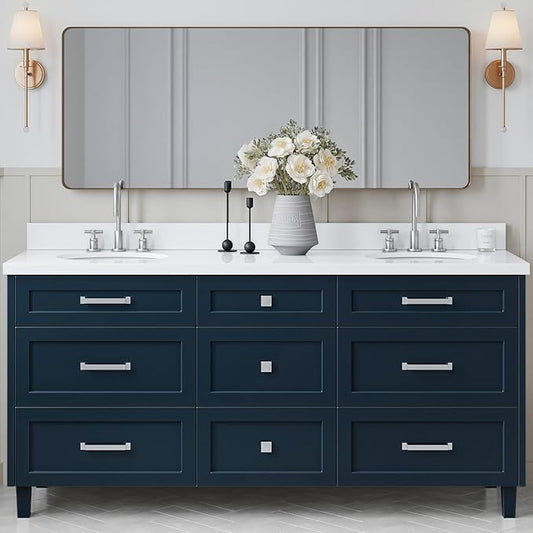 ARIEL Monroe 72-inch Bathroom Vanity with Sink,Solid Wood, 1.5-inch Pure White Quartz Countertop & Backsplash, Double Rectangular Porcelain Sink, 9 Dovetail Drawers, Brushed Nickel, Midnight Blue