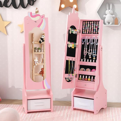 CHARMAID Kids Mirror Jewelry Cabinet - 45.5'' Full Length Mirror with Jewelry Storage, Standing Jewelry Armoire with Drawers, Kids Jewelry Organizer Box Vanity Dressing Mirror for Girls (Pink)