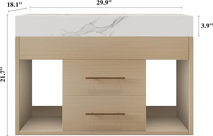 30 inch Modern Floating Bathroom Vanity with Sink, Wall Mounted Bathroom Cabinet with Undermount Ceramic Sink, Sintered Stone Countertop, 2 Soft Closing Drawers & Open Storage Shelf, Natural