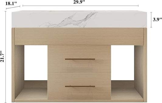 30 inch Modern Floating Bathroom Vanity with Sink, Wall Mounted Bathroom Cabinet with Undermount Ceramic Sink, Sintered Stone Countertop, 2 Soft Closing Drawers & Open Storage Shelf, Natural