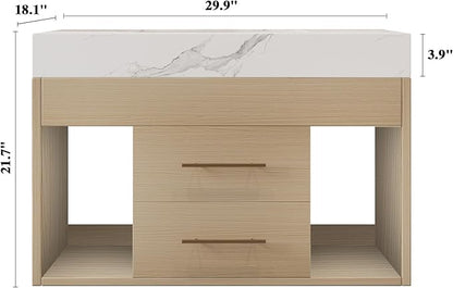 30" Bathroom Vanity with Sink Set, Modern Oak Wall Mounted Bathroom Vanity Cabinet with Sintered Stone Top&Gold Handle 2 Drawers&2 Open Storage, Single Sink Floating Bathroom Vanity