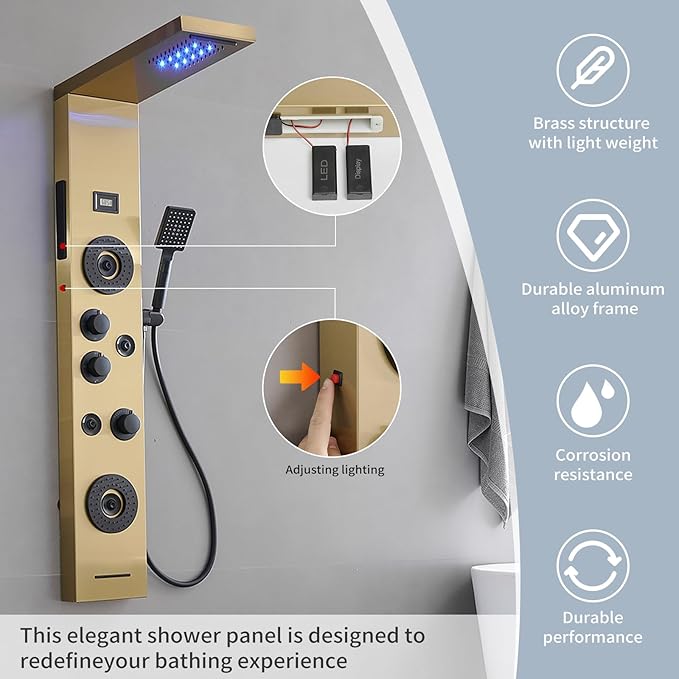 Brushed Gold Shower Panel LED Rainfall Shower Head, Bathroom Shower Panel Tower System Body Massage 6-Functions Temperature Display Wall Mount, Gold