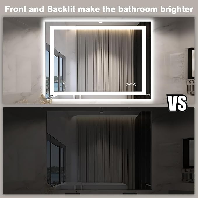 EchosLife 48"x40" LED Lighted Bathroom Mirror | Backlit + Front Lit, Anti-Fog, Stepless Dimmable, 3 Colors, Memory, Tempered Glass, UL Listed, Horizontal/Vertical