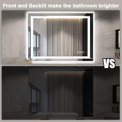 EchosLife 48"x40" LED Lighted Bathroom Mirror | Backlit + Front Lit, Anti-Fog, Stepless Dimmable, 3 Colors, Memory, Tempered Glass, UL Listed, Horizontal/Vertical