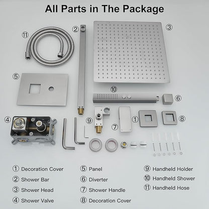 RUMOSE Brushed Nickel Rainfall Shower System 12 Inch High Pressure Square Shower Head with 2 in 1 Handheld Spray Wall Mount Brass Bathroom Shower Faucet Set with cUPC Certified Rough-in Valve