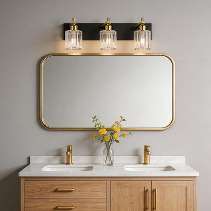 Black and Gold Crystal Bathroom Vanity Lights, 3-Lights Bathroom Light Fixture Over Mirror, 20 Inch Modern Farmhouse Vanity Light, Brass Gold Bath Wall Sconce for Bath Mirror Kitchen Hallway Cabinet
