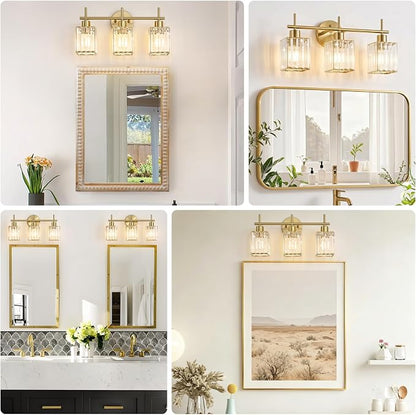 Brushed Gold Bathroom Light Fixtures, Square, 3-Light | Vanity Lights with Crystal Shades, Modern Bathroom Lighting Fixtures over Mirror (Bulbs Not Included, E26)