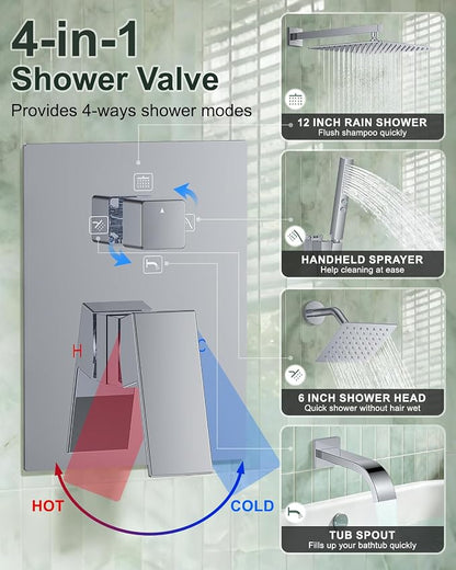 Rain Shower System with Rough-in Valve, Wall Mount Shower Faucet Set with 12" & 6" Dual Rain Shower Heads, 2-in-1 Handheld Shower, Tub Spout, 4-Function Complete Shower Fixture, Chrome