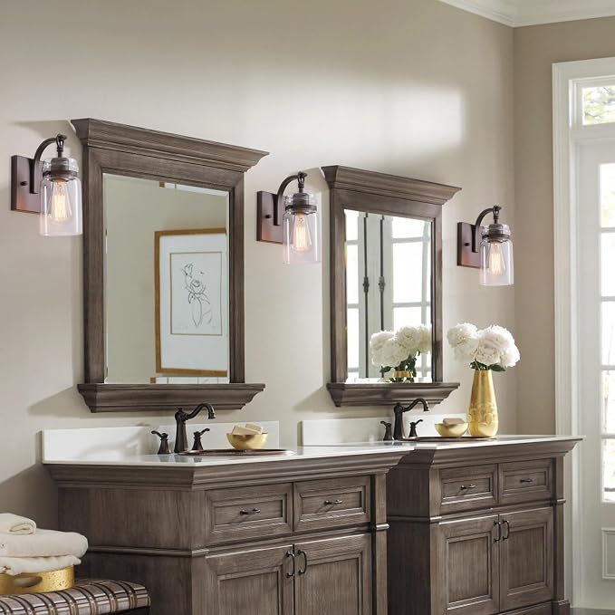Wall Sconces Set of Two, Oil Rubbed Bronze Sconces Wall Lighting Fixtures with Clear Glass Indoor Farmhouse Bathroom Wall Sconce for Bathroom Hallway Stairwell