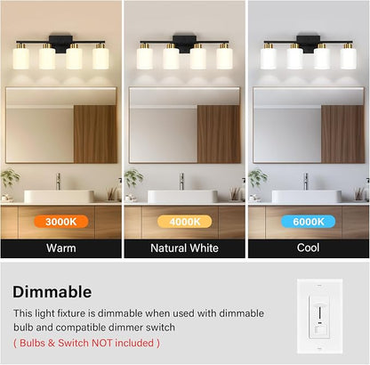 FonmYim Black and Gold Bathroom Light Fixtures Vanity Lights Over Mirror | Modern 4-Light lighting fixtures for bathroom with Milky White Frosted Glass Shades, E26 Socket (Bulbs Not Included)