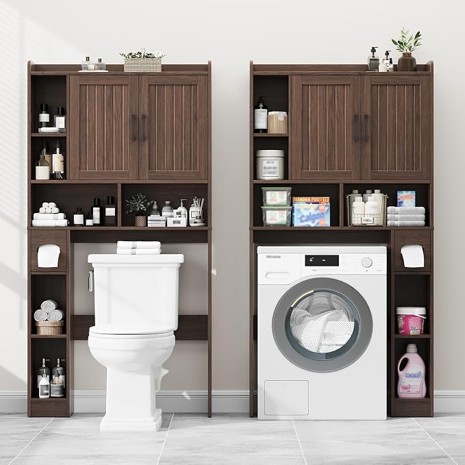 Vabches Farmhouse Over The Toilet Storage Cabinet with Barn Door, Espresso | Storage Cabinet Over Toilet, Home Space-Saving Toilet Rack, for Bathroom, Restroom, Laundry