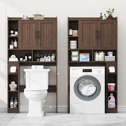 Vabches Farmhouse Over The Toilet Storage Cabinet with Barn Door, Espresso | Storage Cabinet Over Toilet, Home Space-Saving Toilet Rack, for Bathroom, Restroom, Laundry