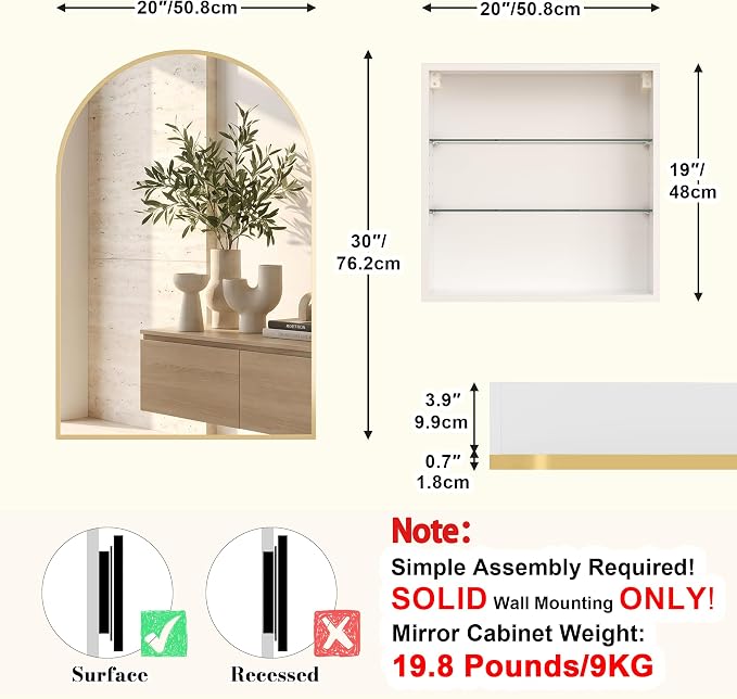 FKWin Medicine Cabinet Mirror for Bathrooms, Wall Mount Storage 20x30 inch | Gold Bathroom Mirror with Storage, Elegant Bathroom Upgrade, Adjustable Shelves, Reversible Door, Luxury Finish