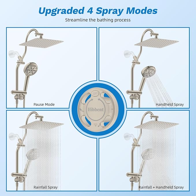 Hibbent High Pressue All Metal 10" Rainfall Shower Head, Handheld 10-Spray | cUPC Certified Brushed Nickel Dual Showerhead Combo, 4-way Diverter with Pause Mode, Brass Extension Arm, 71'' Hose & Holder