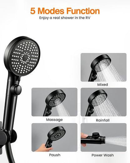 RV Shower Head with Hose, High Pressure Handheld RV Shower Head Replacement with On Off Switch,5 Modes,Power Jet, Camper Showerhead for RV,Travel Trailer,Motorhome,Boat,Black