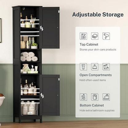 TEENFON 67" Tall Bathroom Cabinet with Adjustable Shelves and Doors | Narrow Bathroom Storage Cabinet for Small Space, Living Room, Entryway, Kitchen, Black