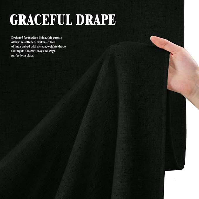 Linen Shower Curtain Black, Fabric Boho Farmhouse Shower Curtains for Bathroom Cotton Natural Cloth Liner Set 72" W x 84" L