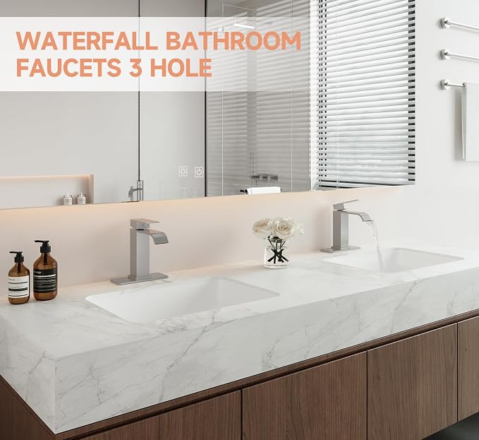 Brushed Nickel Bathroom Faucets Evolvegoods Modern Waterfall Faucet | Single Handle 1 or 3 Hole Bathroom Sink Faucet RV Mixer Tap Vanity Faucet with Deck Plate Pop-up Drain and Supply Lines