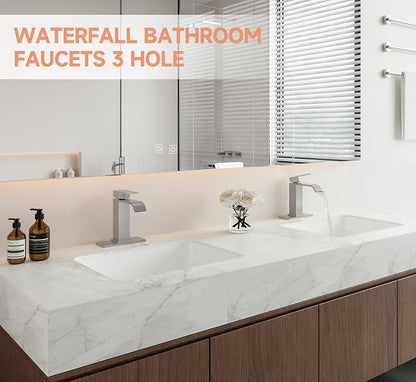 Brushed Nickel Bathroom Faucets Evolvegoods Modern Waterfall Faucet | Single Handle 1 or 3 Hole Bathroom Sink Faucet RV Mixer Tap Vanity Faucet with Deck Plate Pop-up Drain and Supply Lines