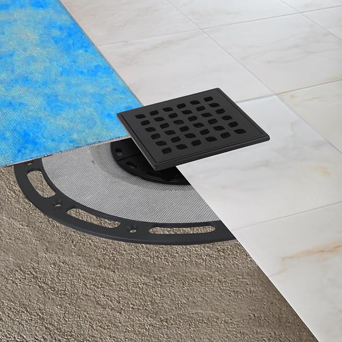 4-Inch Square Shower Drain Kit with Bonding Flange, Matte Black | Removable 304 stainless steel grate with hair strainer; fits 2- and 3-inch pipes for tiled shower floors and wet areas