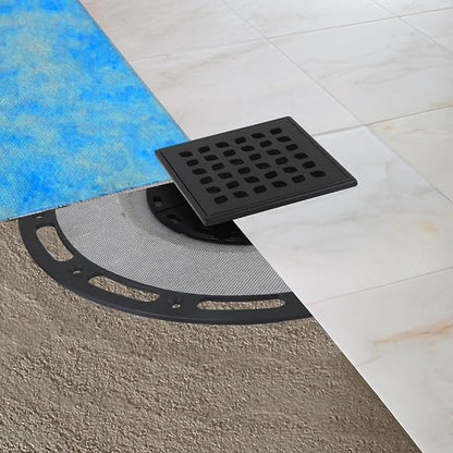 4-Inch Square Shower Drain Kit with Bonding Flange, Matte Black | Removable 304 stainless steel grate with hair strainer; fits 2- and 3-inch pipes for tiled shower floors and wet areas