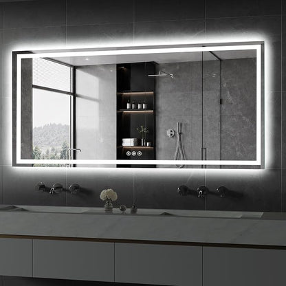 Koonmi 60x28 LED Bathroom Mirror with Light, Anti-Fog, 3 Colors | Backlit + Front Lit, Dimmable Brightness, Shatterproof HD Distortion-Free Tempered Glass, Hardware Included