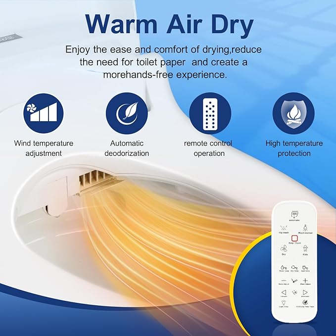 KERDE 08 Smart Electric Bidet Toilet Seat with Warm Air Dryer Heated Adjustable Warm Water Seat Temperature Self-Cleaning Nozzle Easy Installation for Most Toilets Elongated (Remote+Armrest)