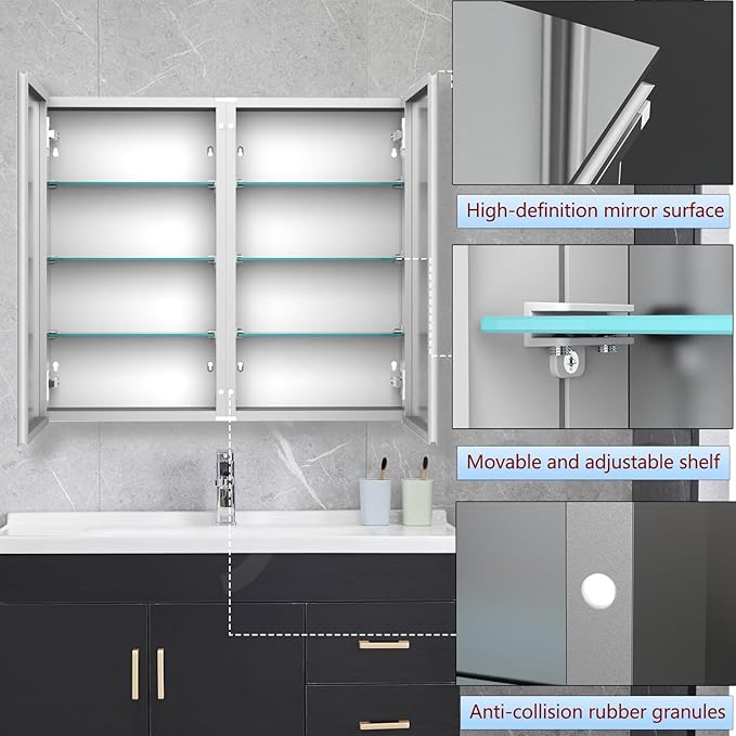 Medicine Cabinet with 26x30 inch Mirror, Mirror Cabinet with Assembly Needed, Aluminum Surface Mount or Recessed Wall Cabinet, Adjustable Glass Shelves, Suitable for Bathroom Bedroom
