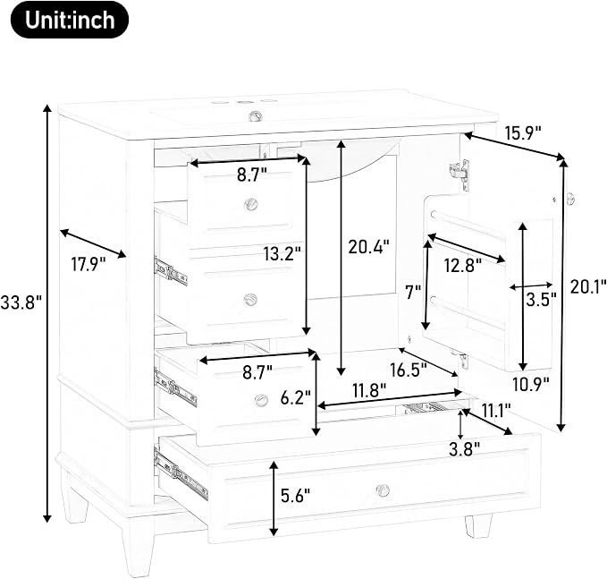 30" Vanity with Sink, Bathroom Vanities 30 Inch with Sink, Single Sink Bathroom Vanity with Shelf and Three Drawers, Soft Close Door, Restroom Vanity with Sink Top (Black)