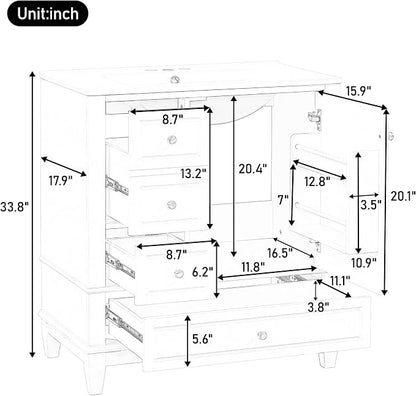30" Vanity with Sink, Bathroom Vanities 30 Inch with Sink, Single Sink Bathroom Vanity with Shelf and Three Drawers, Soft Close Door, Restroom Vanity with Sink Top (Black)
