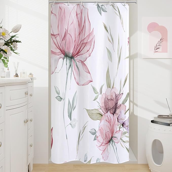 Litabel Small Stall Boho Watercolor Floral Shower Curtain 36 x 72, Pink and Grey Ink Painting Style Flower Shower Curtains for Chic Elegant Bathroom, Artistic Narrow Half Size Shower Curtain