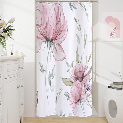 Litabel Small Stall Boho Watercolor Floral Shower Curtain 36 x 72, Pink and Grey Ink Painting Style Flower Shower Curtains for Chic Elegant Bathroom, Artistic Narrow Half Size Shower Curtain